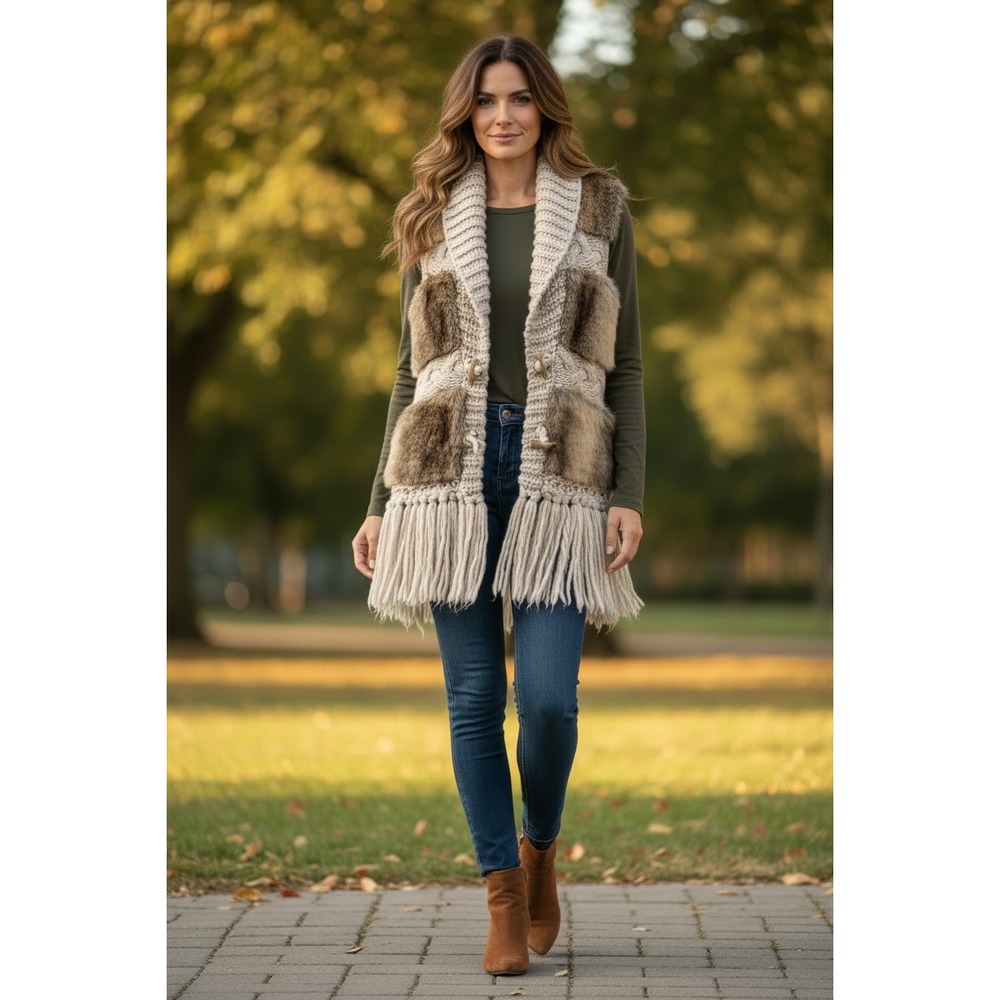 Jessica Simpson Faux Fur Fringe Cable Knit Vest Womens M Beige Boho Western